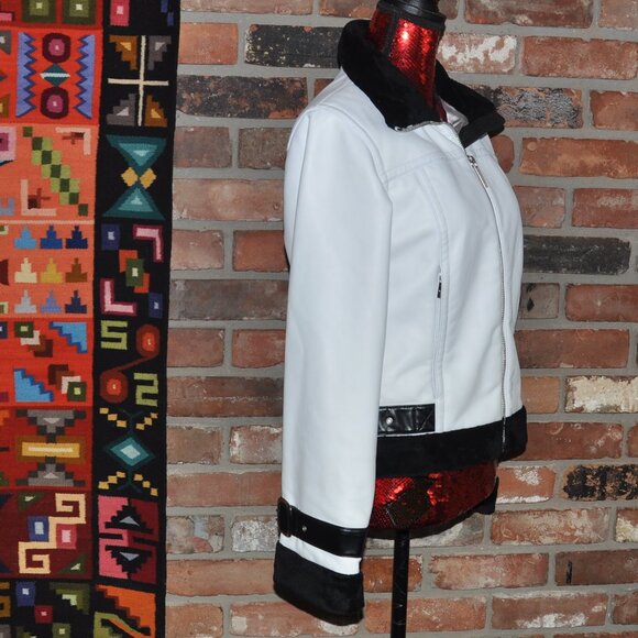 Sypder White Faux Leather Moto Bomber Jacket Black Fleece Trim 8 - Picture 2 of 16